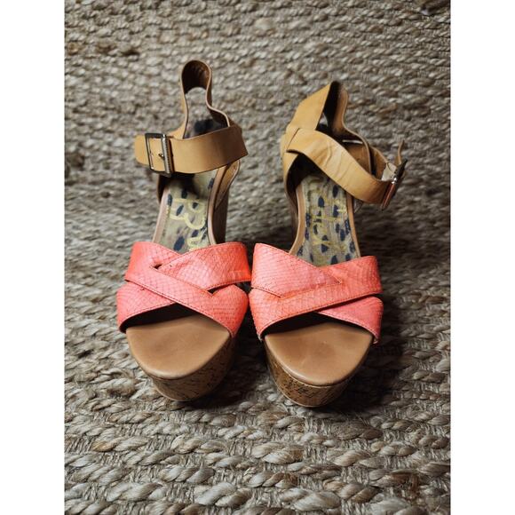 Sam Edelman Women's Pink Snake Skin Cork High Wedge Sandals Shoes Size 10M - Picture 2 of 12